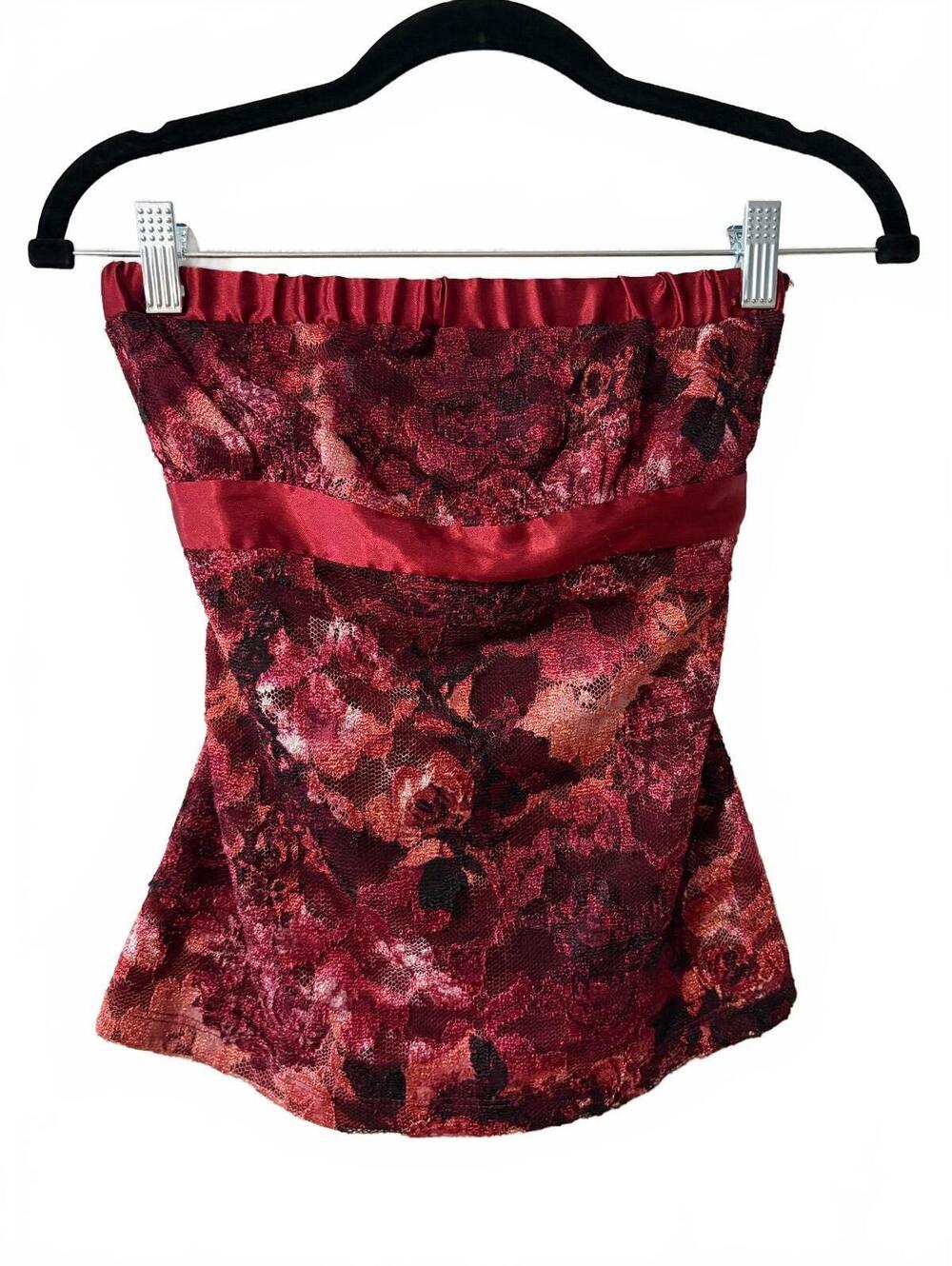 Vintage Charlotte Russe Corset Bustier Top Size S Red Floral Lace Strapless